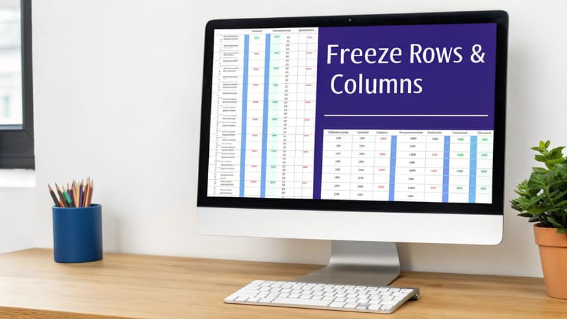 A desktop computer displays a spreadsheet showing 'Freeze Rows & Columns' feature on a wooden desk.