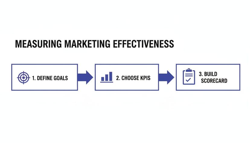 Flowchart illustrating three steps to measure marketing effectiveness: define goals, choose KPIs, build scorecard.