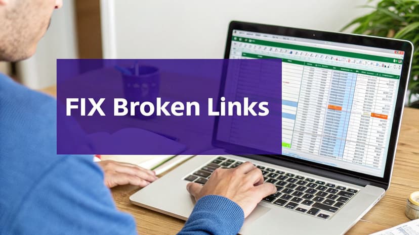 A person working on a laptop with a spreadsheet, displaying a purple overlay that reads 'FIX Broken Links'.