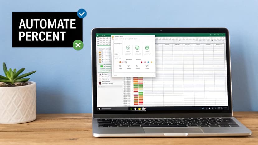 Laptop displaying a spreadsheet with a popup, text 'AUTOMATE PERCENT', and a plant on a desk.