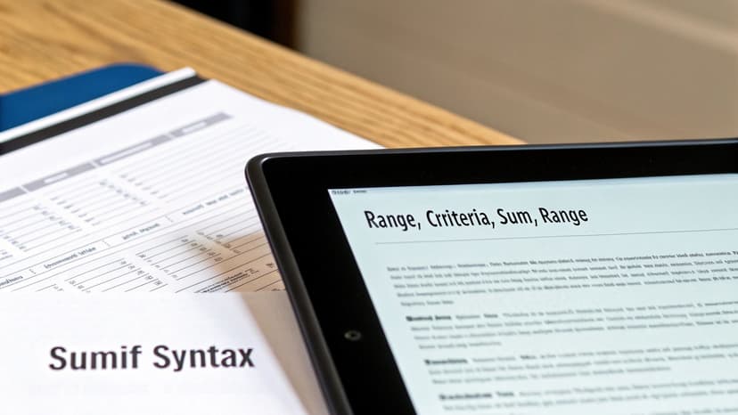 An illustration breaking down the SUMIF formula into its three components range, criteria, and sum_range, with icons representing each part.