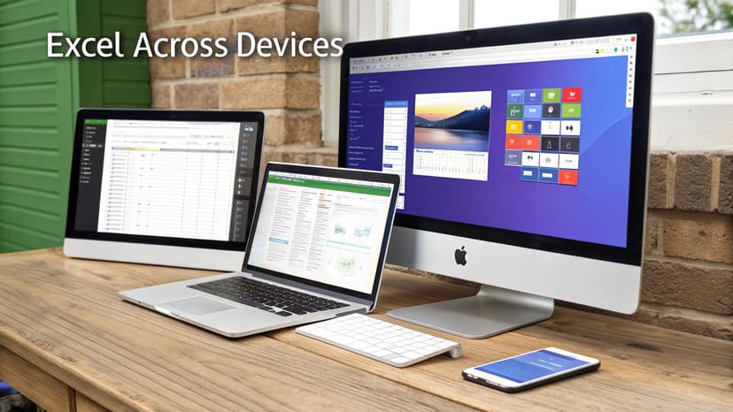 Multiple Apple devices showcasing Excel compatibility, including an iMac, MacBook, iPad, and iPhone on a wooden desk.