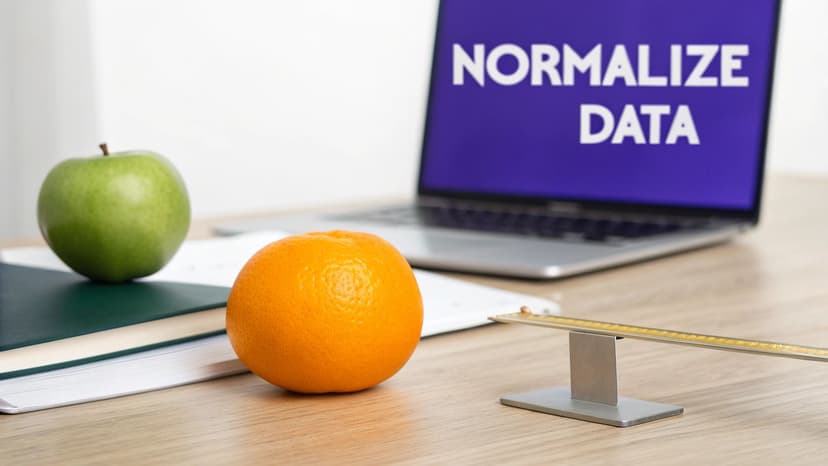 A desk with an apple, orange, books, and a laptop displaying 'NORMALIZE DATA'.