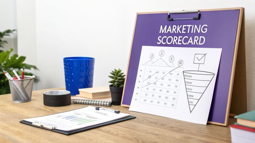 A desk with a purple 'MARKETING SCORECARD' board displaying graphs and a marketing funnel.