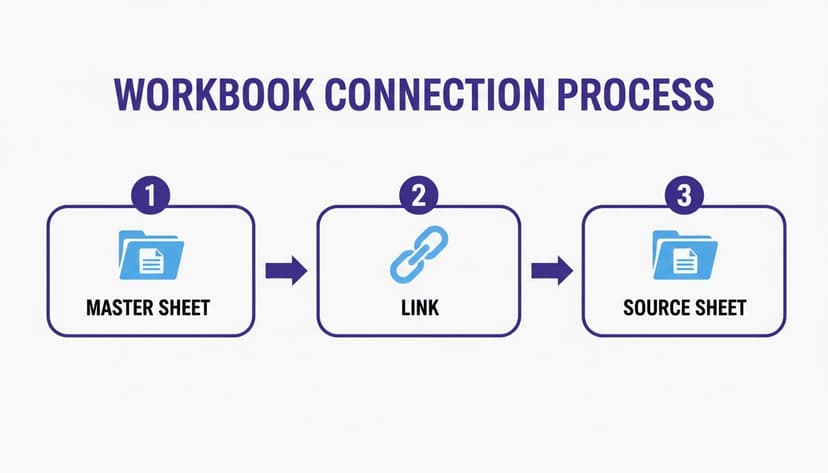 Diagram showing the workbook connection process from master sheet to source sheet via a link.