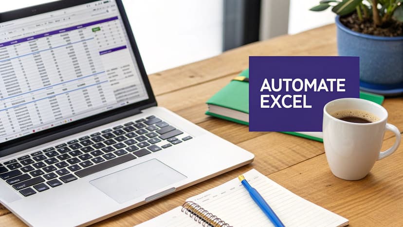 Workspace with a laptop displaying an Excel spreadsheet, coffee, and an "AUTOMATE EXCEL" banner.