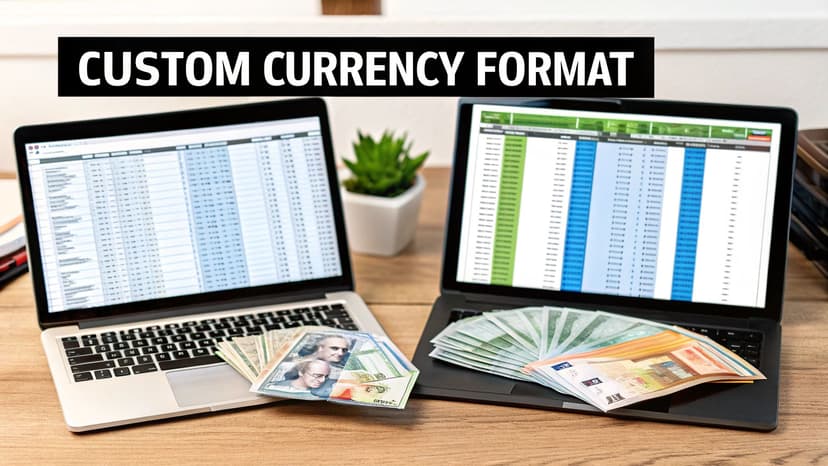 Two laptops show spreadsheets with financial data, surrounded by US dollars and Euros, illustrating custom currency formatting.