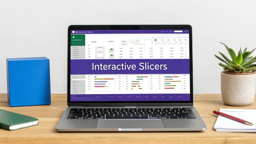 A laptop on a wooden desk displays a spreadsheet with 'Interactive Slicers' on screen, next to a blue speaker and plant.