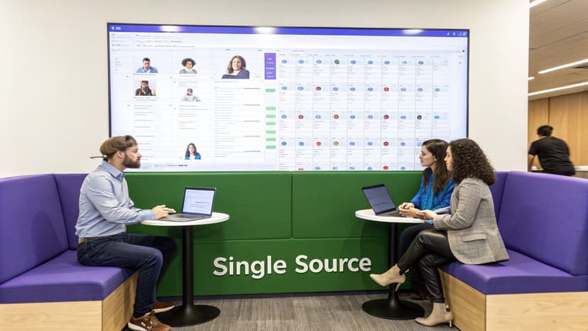 Three people collaborate in a modern office with laptops and a large data display screen.