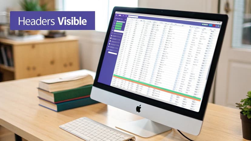 An Apple iMac displays a spreadsheet with visible data headers on a wooden desk.