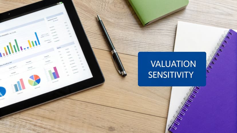 Tablet showing financial charts, a pen, and notebooks on a wooden desk with 'VALUATION SENSITIVITY' text.