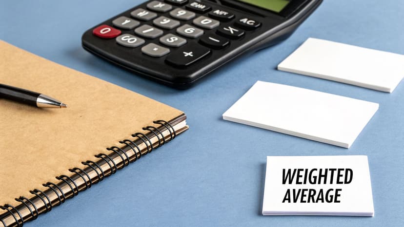 Calculator, pen, and notebook on a blue surface, with a card displaying 'WEIGHTED AVERAGE'.