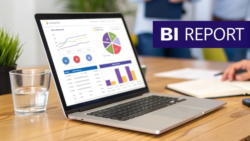 A laptop on a desk displays a business intelligence report with charts and a prominent 'BI REPORT' banner.