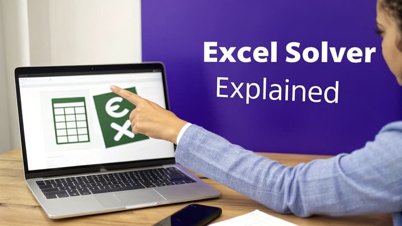 A person points at a laptop screen displaying Excel icons, with 'Excel Solver Explained' on a purple background.