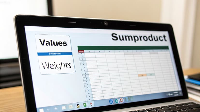 Close-up of a laptop screen displaying a spreadsheet with 'Values', 'Weights', and 'Sumproduct' text.