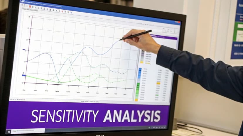 A person's hand points at a computer screen displaying a sensitivity analysis graph.