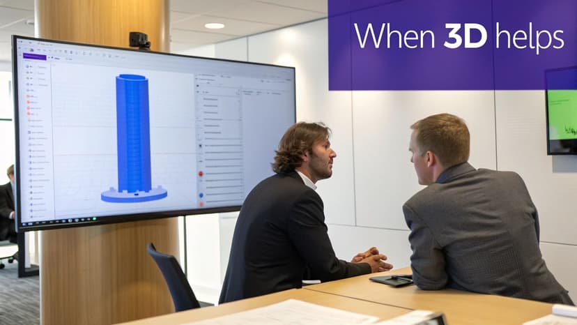 Two professionals discuss a 3D building model displayed on a large screen in a modern office.