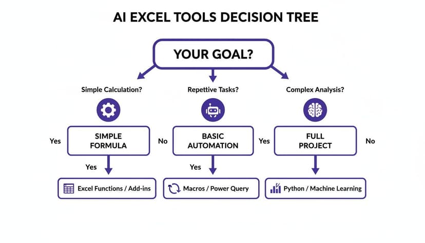 Decision tree illustrating AI Excel tools for various goals: simple calculation, repetitive tasks, and complex analysis.