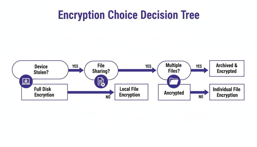 A decision tree flowchart illustrating encryption choices based on device security, file sharing, and file quantity.