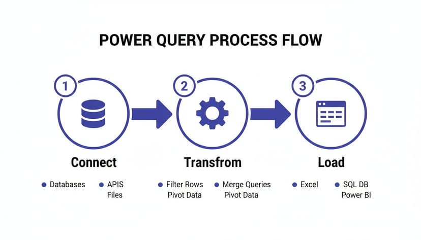 A three-step Power Query process flow diagram, showing connect, transform, and load data stages.