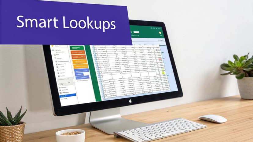 An Apple iMac displaying a spreadsheet on a modern desk with a keyboard, mouse, and plants, promoting 'Smart Lookups'.