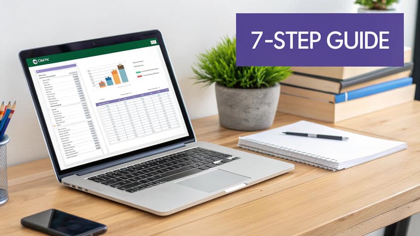 A laptop on a desk showing financial data and charts, with office supplies and a '7-STEP GUIDE' banner.