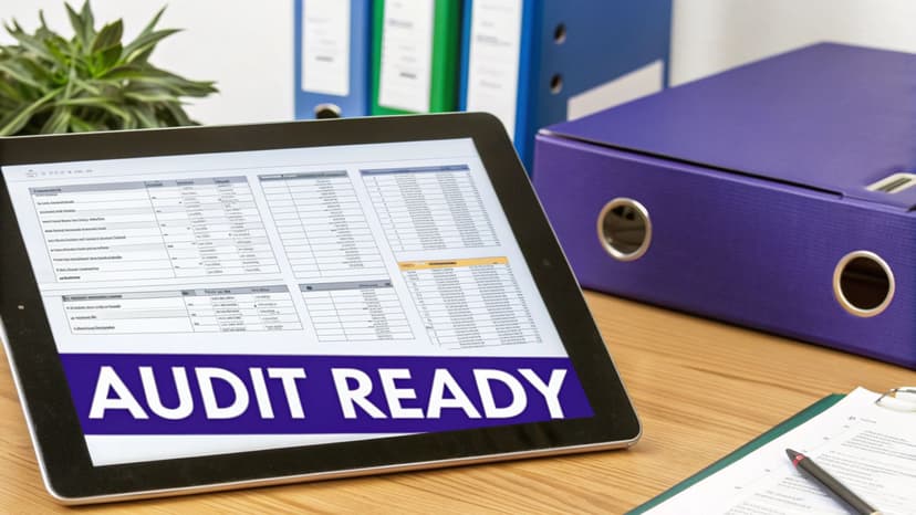 A tablet displaying an 'AUDIT READY' spreadsheet, with office binders and a clipboard on a desk.