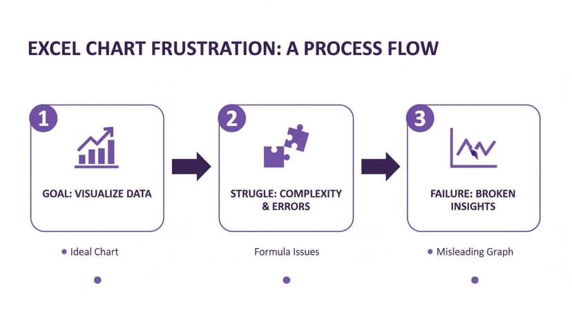 Process flow illustrating Excel chart frustration, from data visualization to errors and broken insights.