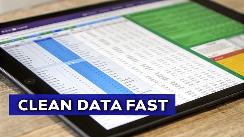 A tablet screen displays a detailed spreadsheet with data, featuring a "CLEAN DATA FAST" overlay.
