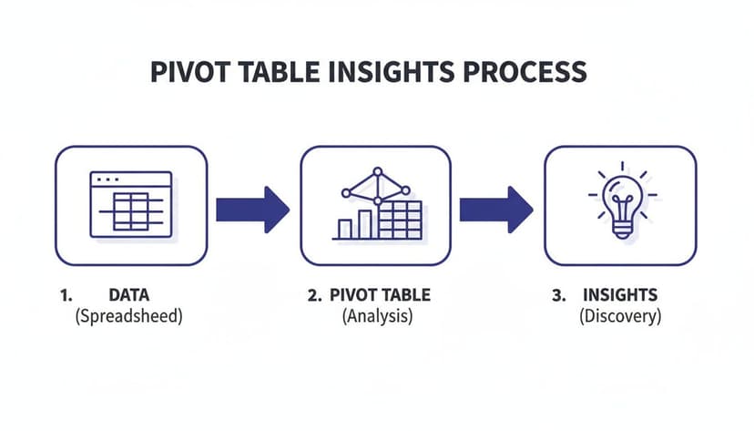 A flowchart illustrating the pivot table insights process: data input, pivot table analysis, and discovery of insights.