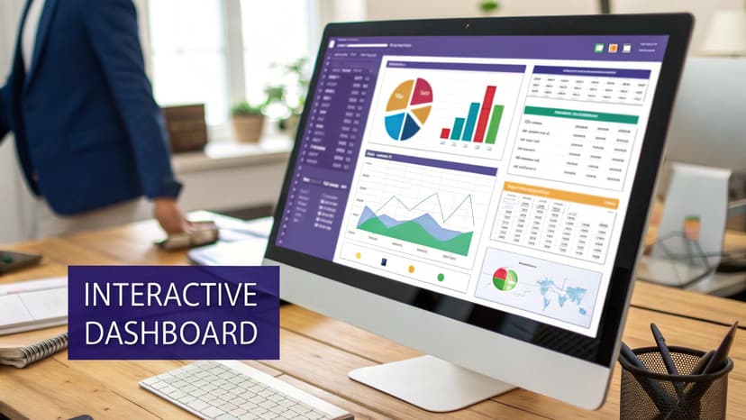 A computer screen displays an interactive business dashboard with various charts and tables on a wooden desk.