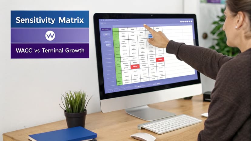 A matrix showing how a company's equity value changes with fluctuations in WACC and terminal growth rate.