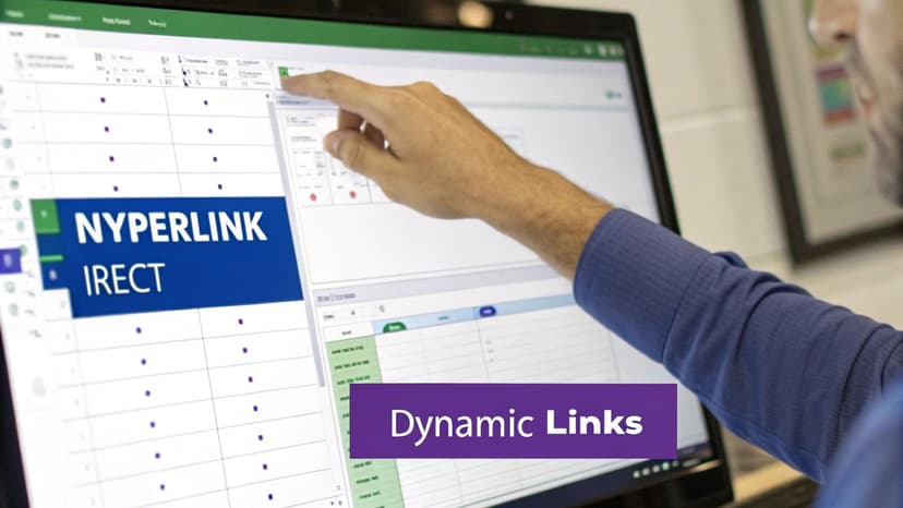 A hand points at a computer screen displaying a spreadsheet application with 'NYPERLINK' options.