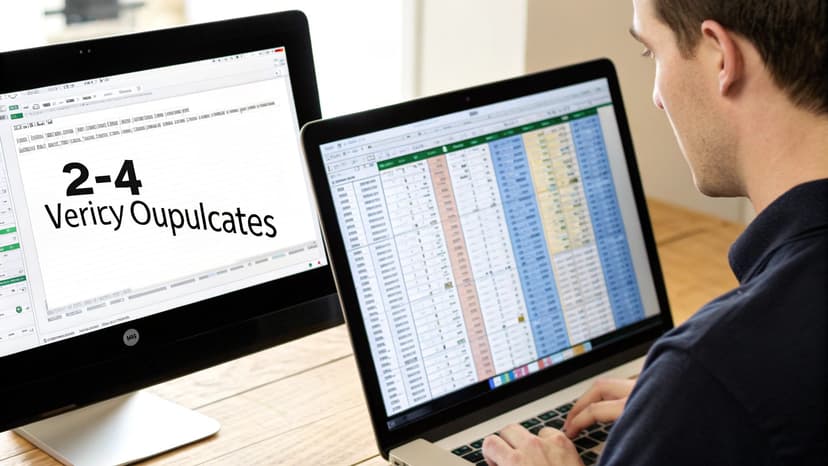 A person works on a laptop showing a spreadsheet, with a second monitor displaying '2-4 Vericy Oupulcates'.