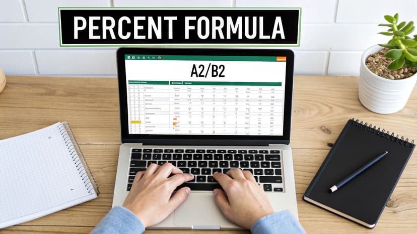 A person types on a laptop showing an Excel spreadsheet with 'A2/B2' formula and 'PERCENT FORMULA' title.