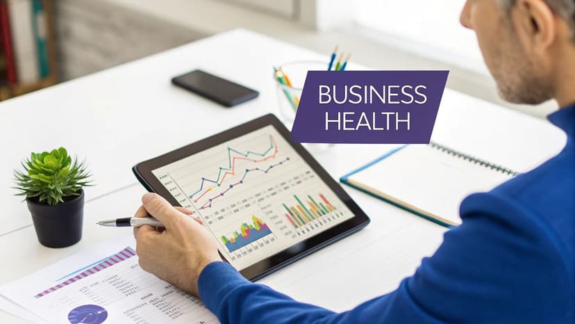 Man examining business health metrics on a tablet with various charts and documents.