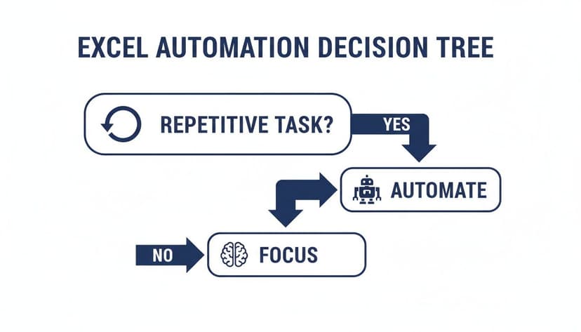An Excel automation decision tree showing if a task is repetitive, then automate; otherwise, focus.