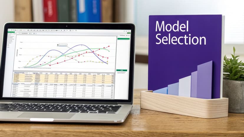A laptop displaying data spreadsheets and graphs, next to a book titled 'Model Selection' on a desk.