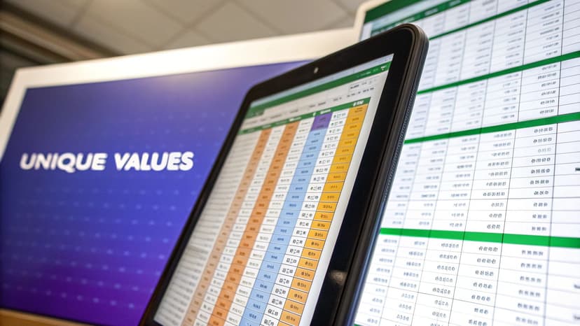 A tablet displays a colorful Excel spreadsheet with data, next to a screen showing "UNIQUE VALUES".