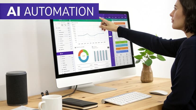 Person points at computer screen displaying AI automation data and business intelligence reports.