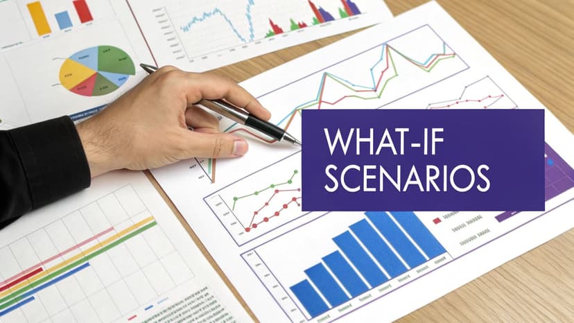 A person's hand holds a pen over various business charts and graphs, with 'WHAT-IF SCENARIOS' text.