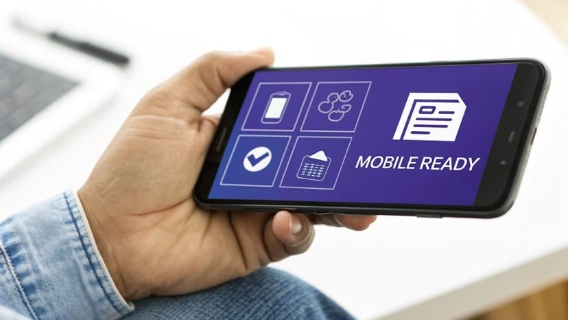 A hand holds a smartphone displaying 'MOBILE READY' text and various mobile feature icons.