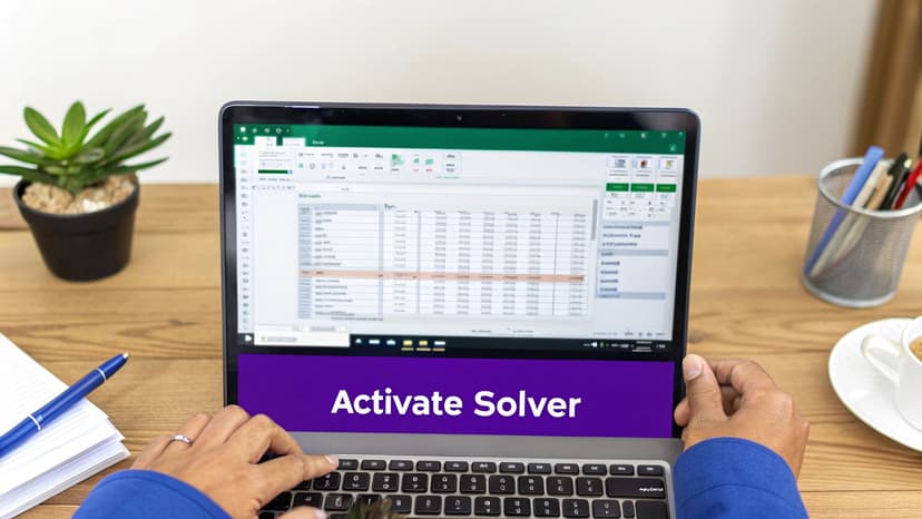 A person types on a laptop displaying an Excel spreadsheet with 'Activate Solver' on the screen.