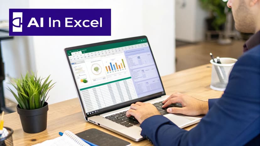 A man works on a laptop showing AI features in Excel with data visualizations and charts on a desk.