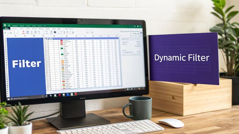 A computer screen displays an Excel spreadsheet with 'Filter' overlay, next to a 'Dynamic Filter' sign.