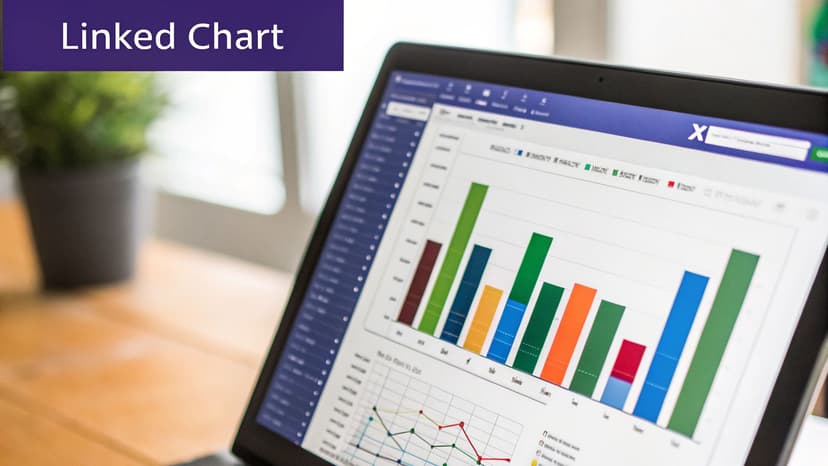 A laptop displays a digital dashboard with colorful bar charts and line graphs, titled 'Linked Chart'.