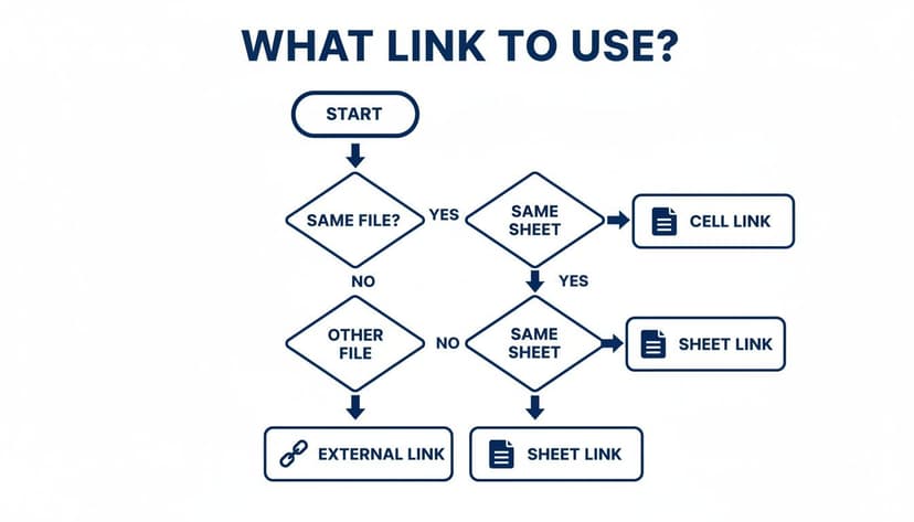 Flowchart guiding the selection of link types: cell link, sheet link, or external link.