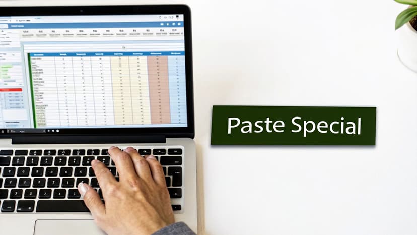 A person's hands typing on a laptop displaying a spreadsheet, with a 'Paste Special' sign.