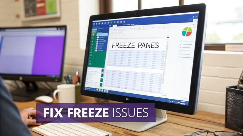 A person works on a computer with two monitors, displaying an Excel sheet with 'FREEZE PANES' text.