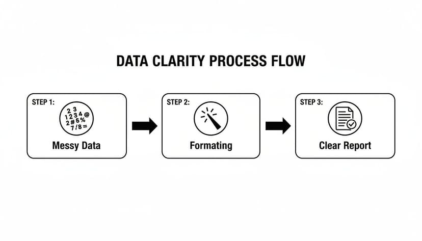 A flowchart titled 'Data Clarity Process Flow' showing steps from messy data to a clear report.